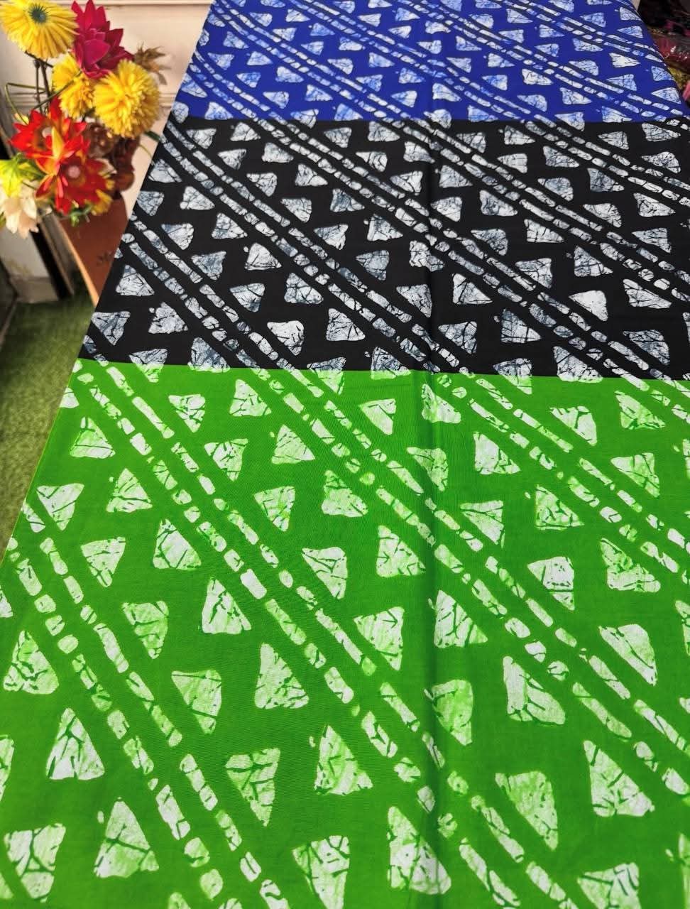 INDIGO RETRO DESIGNS 100% COTON WAX NIGERIAN - tricolore bleu roi, noir, vert lime à motif Adire triangle craquelé