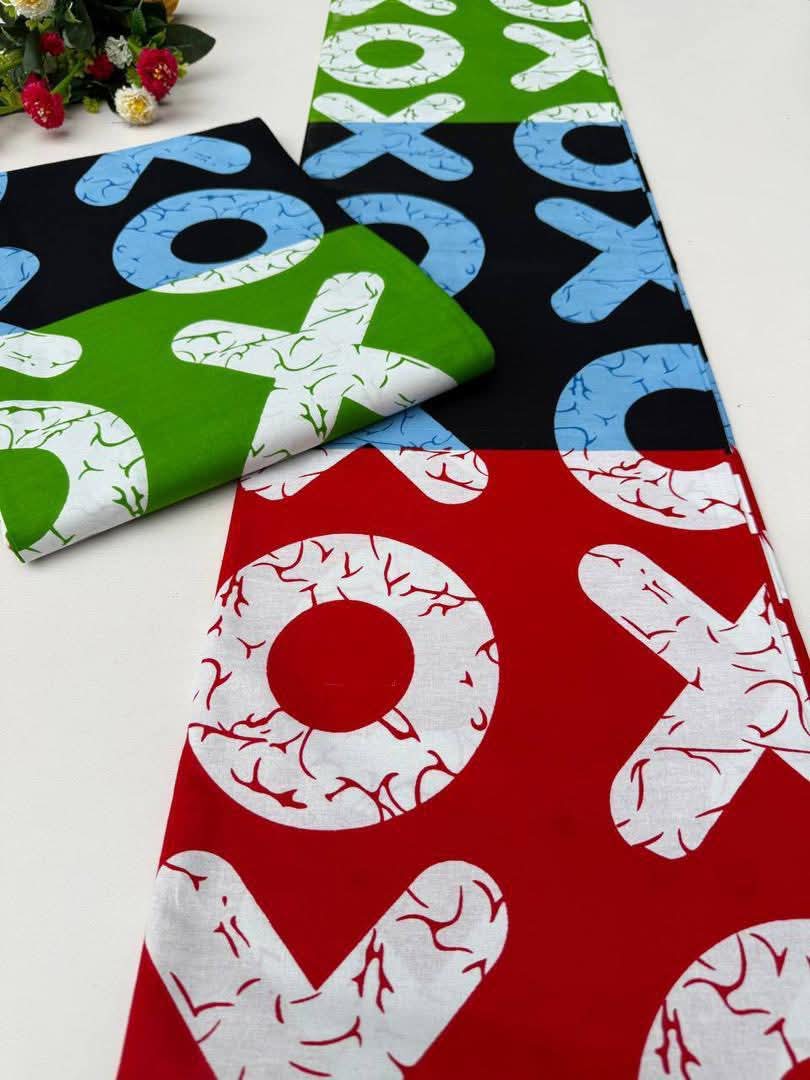 GHANA CRACK BATIK 100% COTON WAX NIGERIAN multicolore à motif lettres XO géantes rouge, noir, vert, bleu ciel   