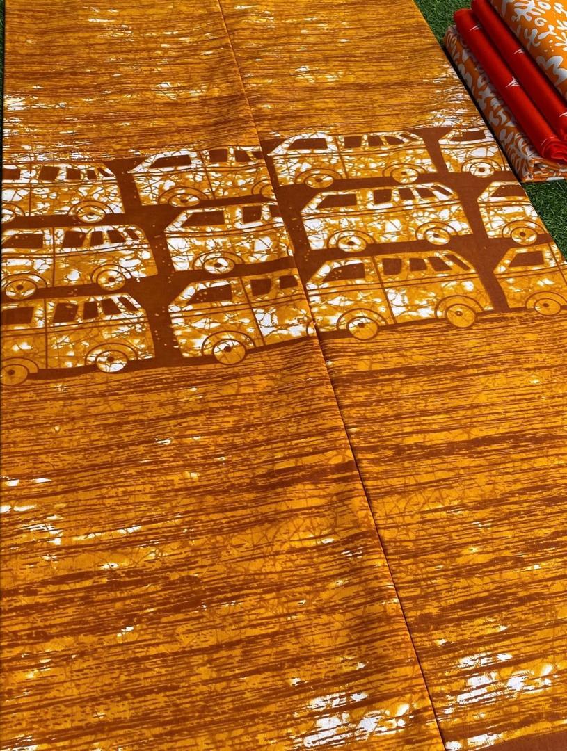 POSCHE 100% COTON WAX NIGERIAN batik marron caramel à motif voitures minibus  
