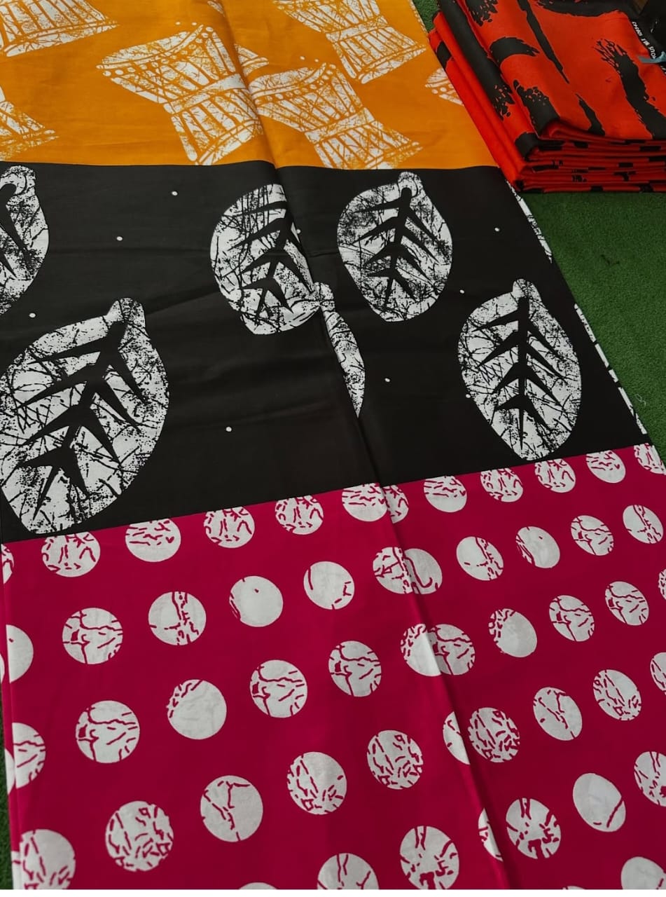 KANDY KRUSH 100% COTON WAX  NIGERIAN batik mixte tambours feuilles pois de couleurs orange, noir, bordeaux 